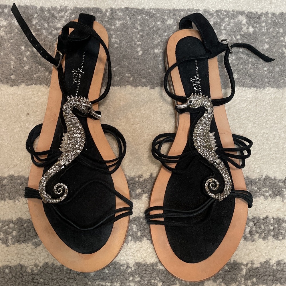 Chinese laundry Crystal Seahorse sandals Black Leather‎ & Sliver Size 10
